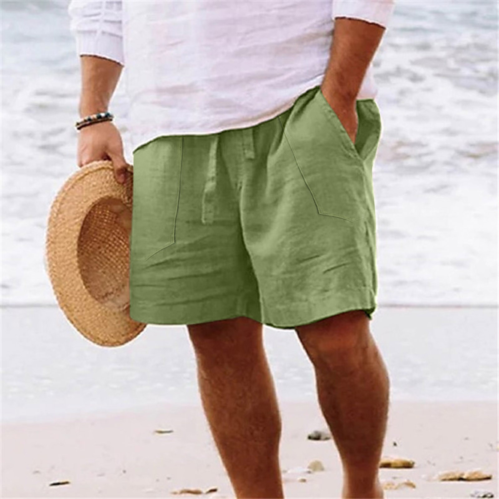 thumbnail image 2 of Pantalones cortos de playa de algodón y lino para hombre: cintura elástica, color liso, corte holgado con bolsillos, ropa informal/deportiva para todas las estaciones., 2 of 6